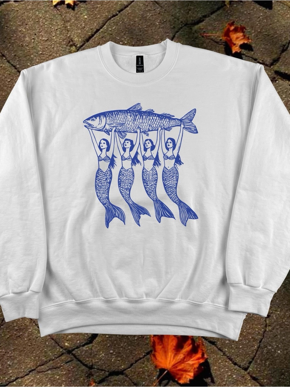Gildan White Sweatshirt with Blue Mermaid Holding Fish Graphic